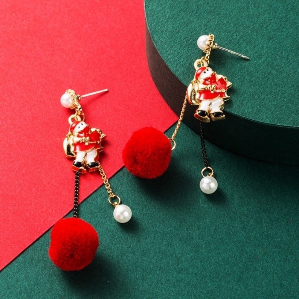 3 for $30 Red Fluffy Ball and Artificial Pearl Tassel Earrings